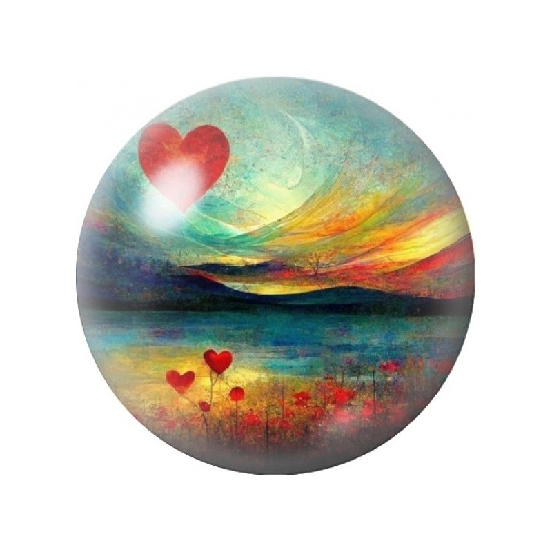 Cabochon en Verre Illustré Paysage au Cœur Rouge 12 à 25mm