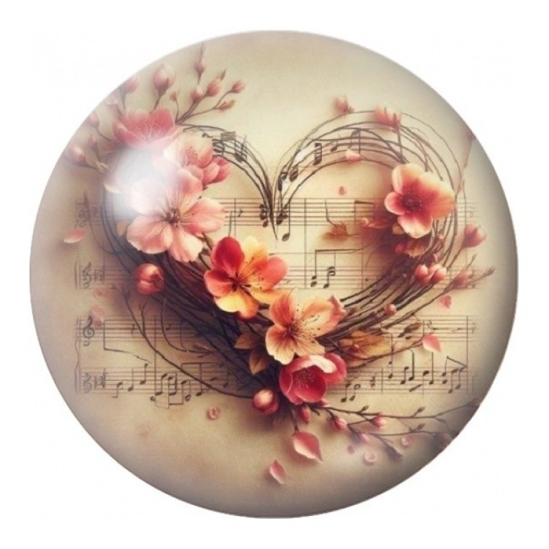 Cabochon en Verre Illustré Cœur Fleuri sur Partition 12 à 25mm
