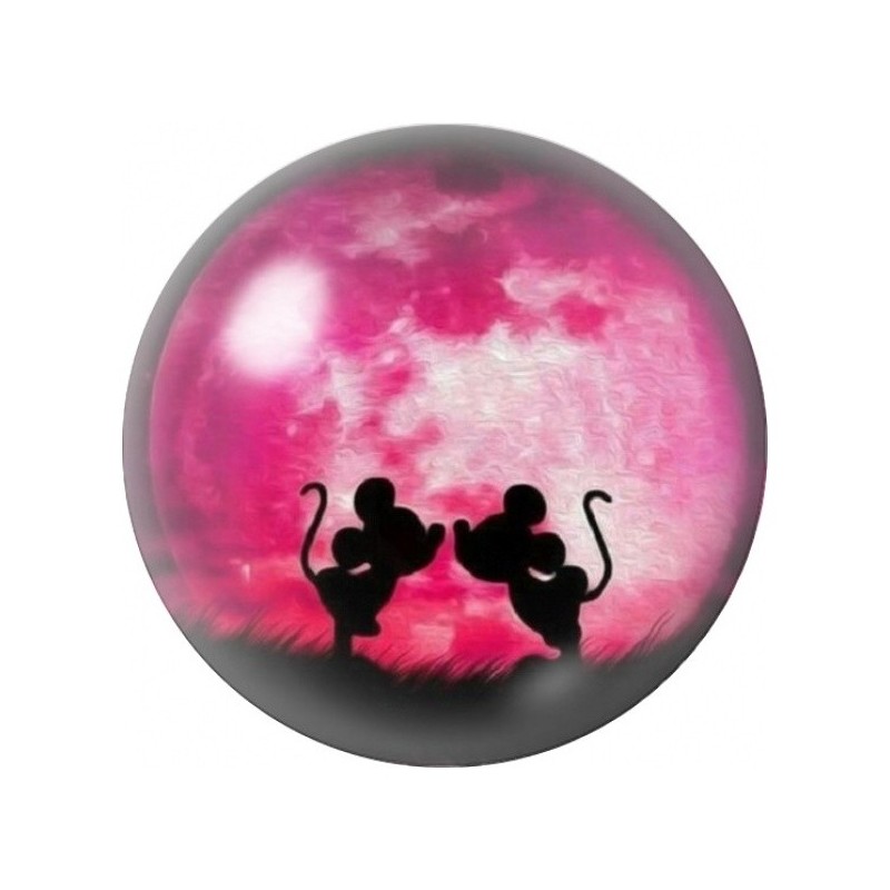 Cabochon en Verre Illustré Mickey et Minnie sous la Lune Rose 12 à 25mm