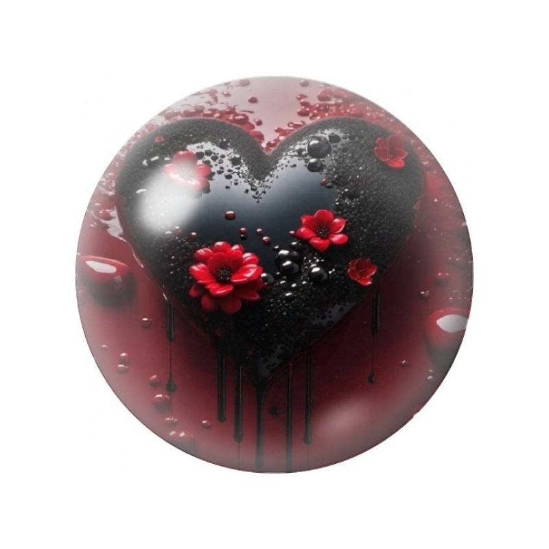 Cabochon en Verre Illustré Cœur Gothique aux Roses Rouges 12 à 25mm