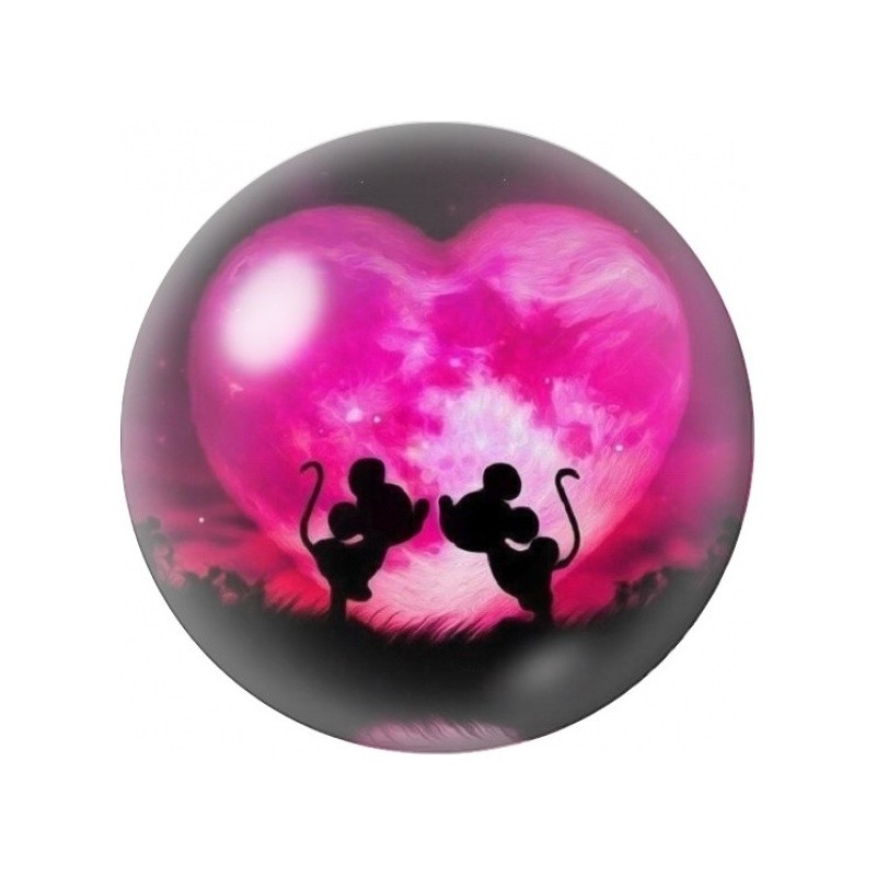 Cabochon en Verre Illustré Mickey et Minnie sous la Lune Fuchsia 12 à 25mm