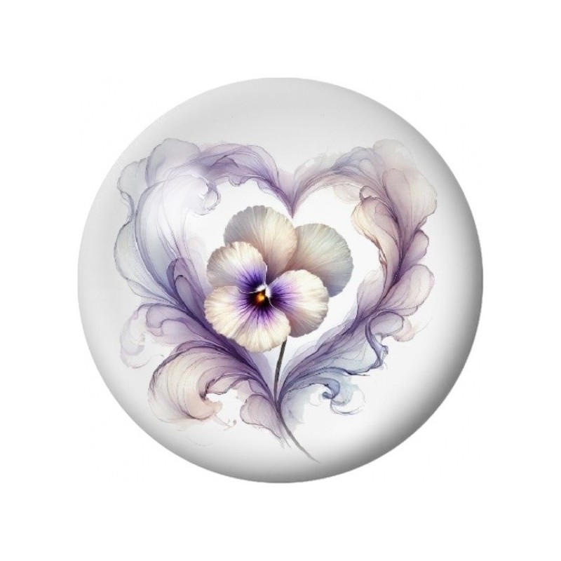 Cabochon en Verre Illustré Cœur à la Pensée Mauve 12 à 25mm