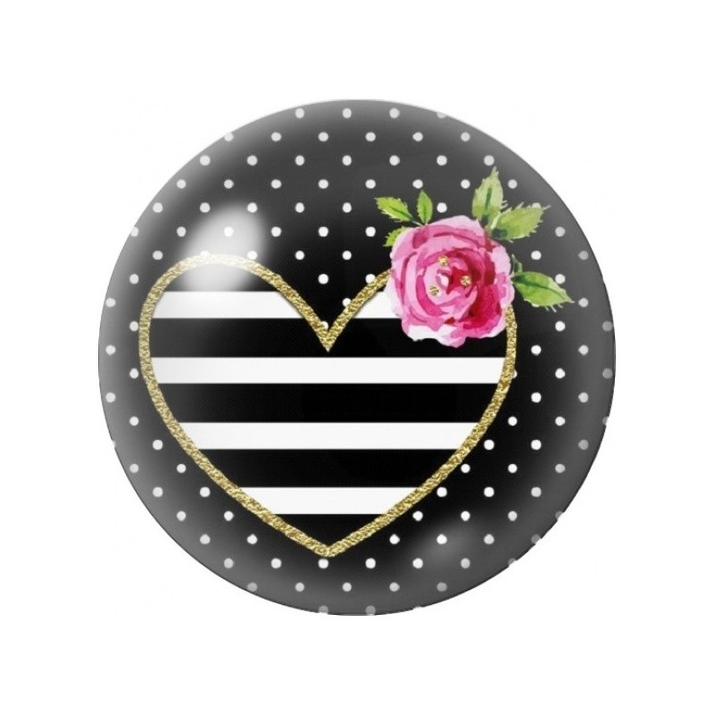 Cabochon en Verre Illustré Cœur Rayé à la Rose 12 à 25mm