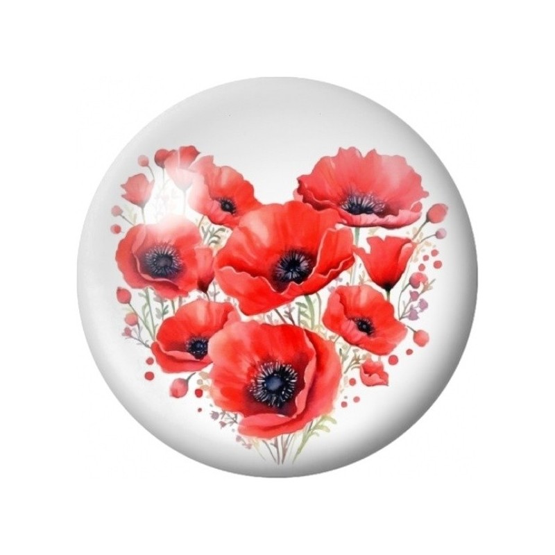 Cabochon en Verre Illustré Cœur de Coquelicots Rouges 12 à 25mm