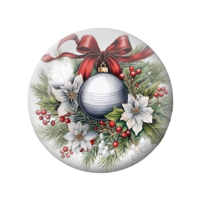 Cabochon en Verre Illustré Boule Argentée aux Poinsettias 12 à 25mm