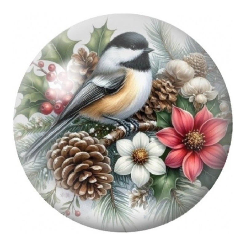 Cabochon en Verre Illustré Mésange aux Fleurs de Noël 12 à 25mm