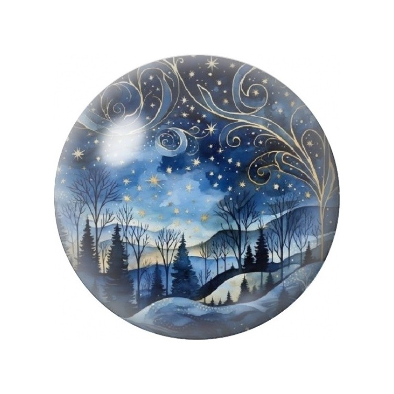 Cabochon en Verre Illustré Nuit d’Hiver aux Volutes Dorées 12 à 25mm