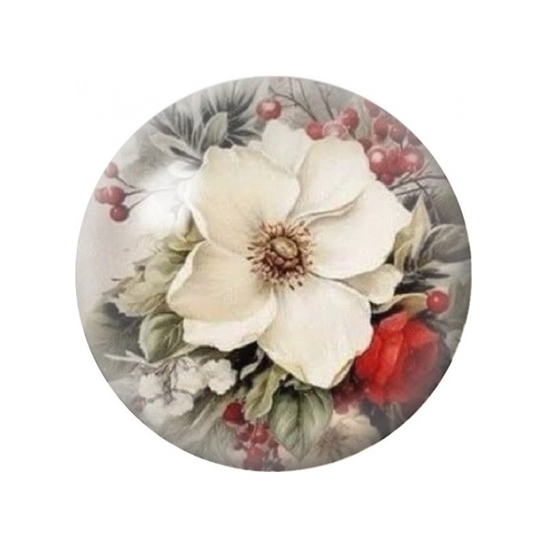 Cabochon en Verre Illustré Poinsettia Blanc aux Baies Rouges 12 à 25mm