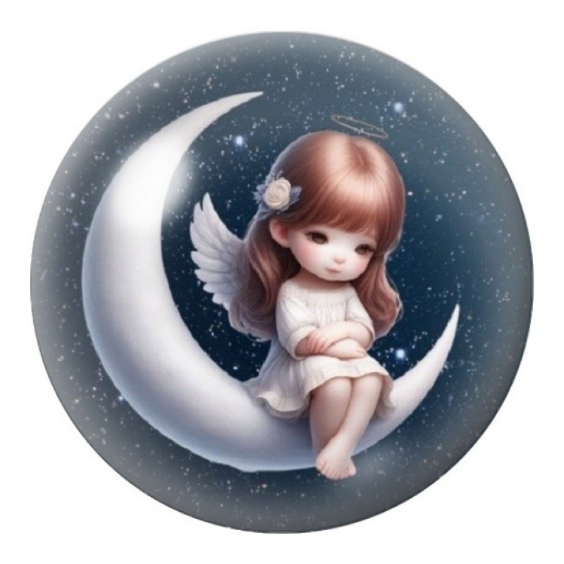 Cabochon en Verre Illustré Ange sur un Croissant de Lune 12 à 25mm