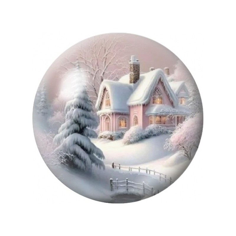 Cabochon en Verre Illustré Maison Rose sous la Neige 12 à 25mm
