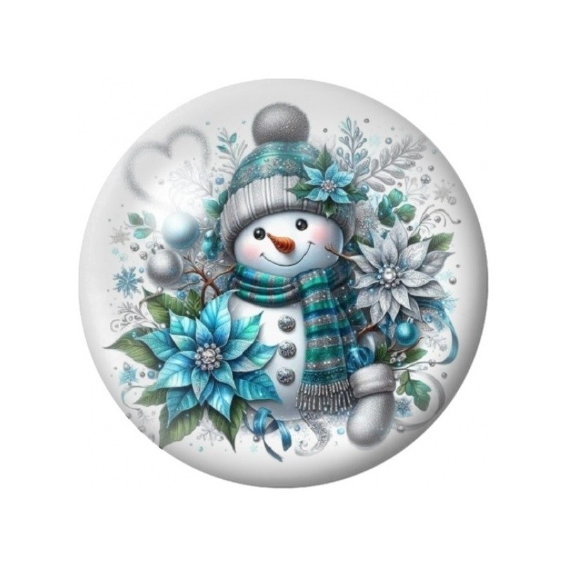 Cabochon en Verre Illustré Bonhomme de Neige Bleu Fleuri 12 à 25mm