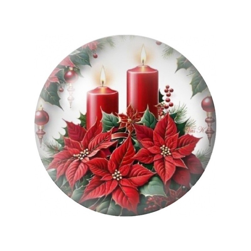 Cabochon en Verre Illustré Bougies Rouges et Poinsettias 12 à 25mm