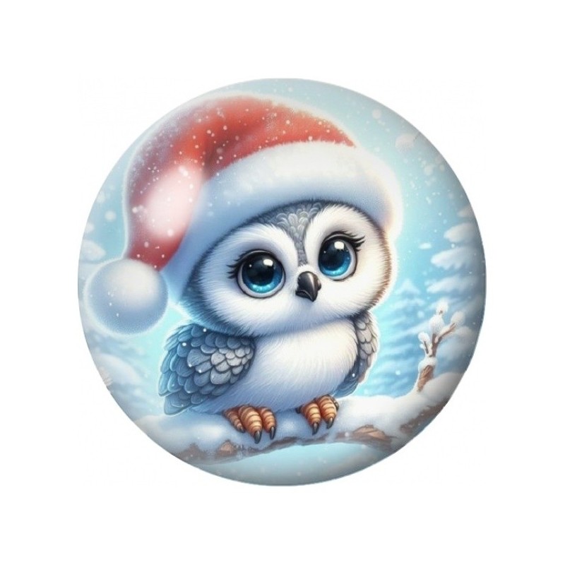 Cabochon en Verre Illustré Chouette au Bonnet de Noël 12 à 25mm