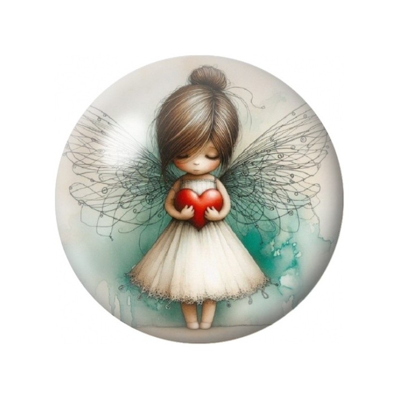 Cabochon en Verre Illustré Petite Fée au Cœur Rouge 12 à 25mm