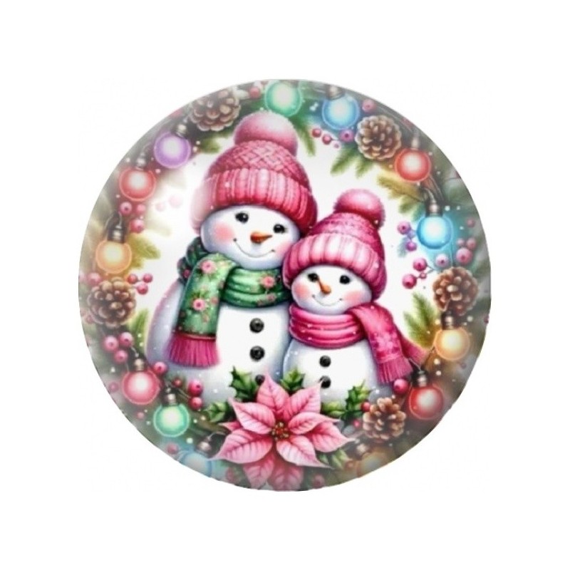 Cabochon en Verre Illustré Duo de Bonshommes de Neige Roses 12 à 25mm