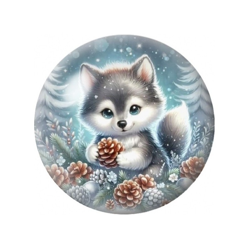 Cabochon en Verre Illustré Chiot Gris aux Pommes de Pin 12 à 25mm