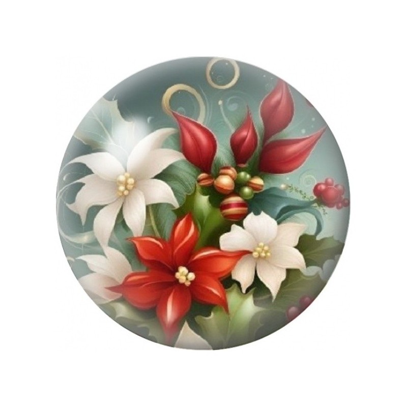 Cabochon en Verre Illustré Poinsettias Rouges et Blancs 12 à 25mm