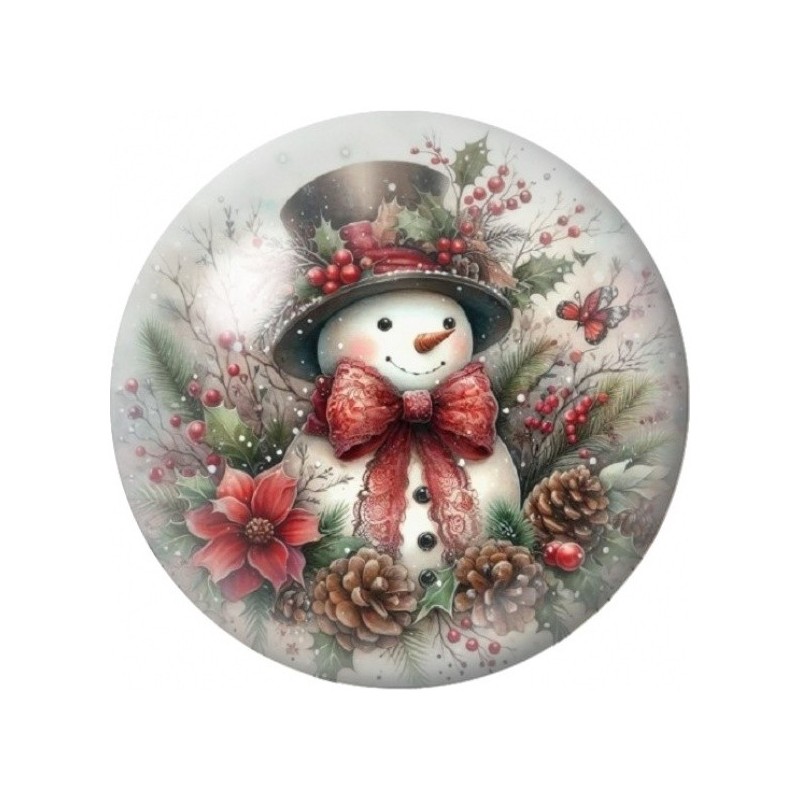 Cabochon en Verre Illustré Bonhomme de Neige au Chapeau Fleuri 12 à 25mm