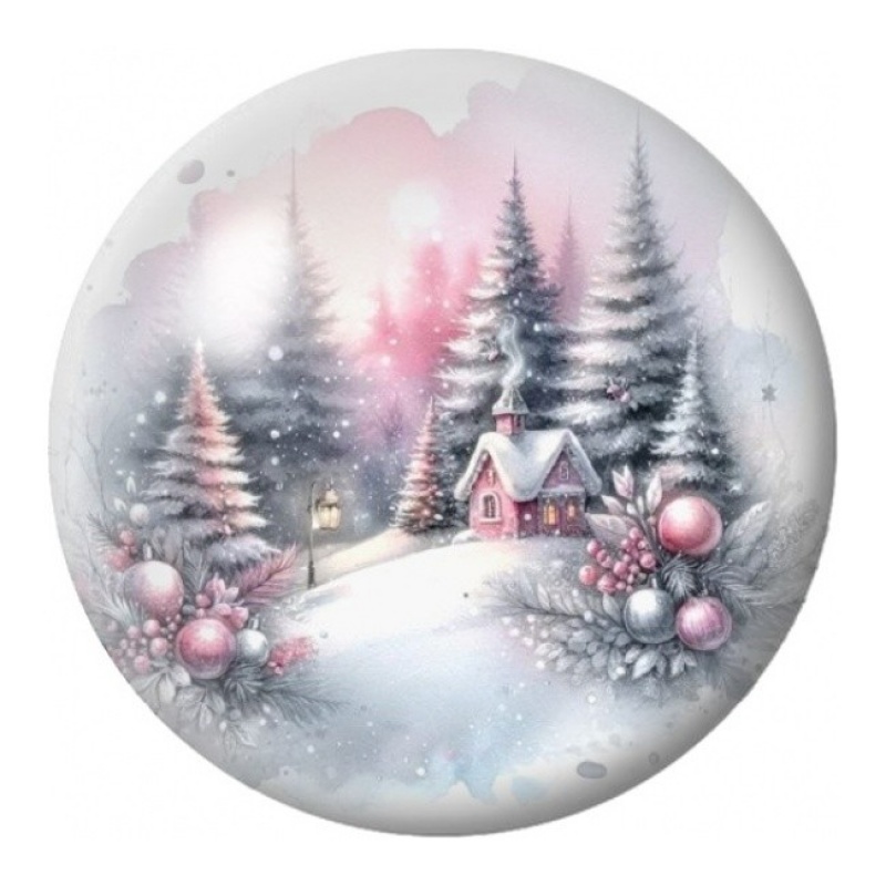 Cabochon en Verre Illustré Chapelle dans la Neige Rose 12 à 25mm