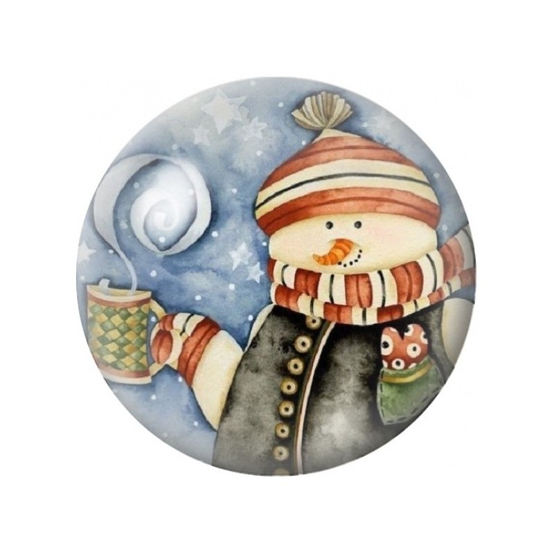 Cabochon en Verre Illustré Bonhomme de Neige à la Tasse Verte 12 à 25mm