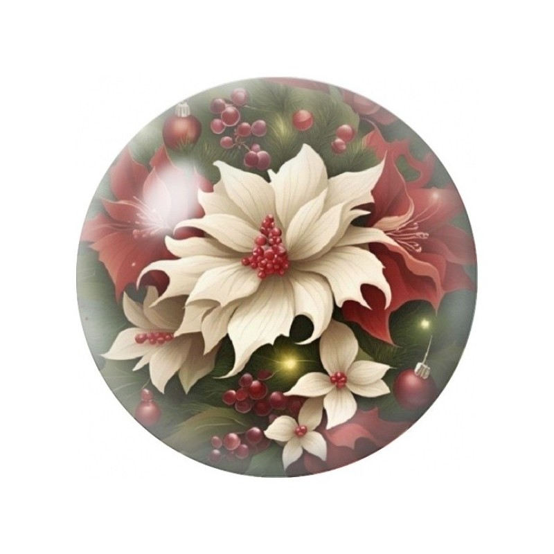 Cabochon en Verre Illustré Poinsettia Blanc et Baies Rouges 12 à 25mm