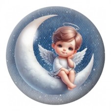 Cabochon en Verre Illustré Angelot sur un Croissant de Lune 12 à 25mm pour la Création de Bijoux Fantaisie - DIY