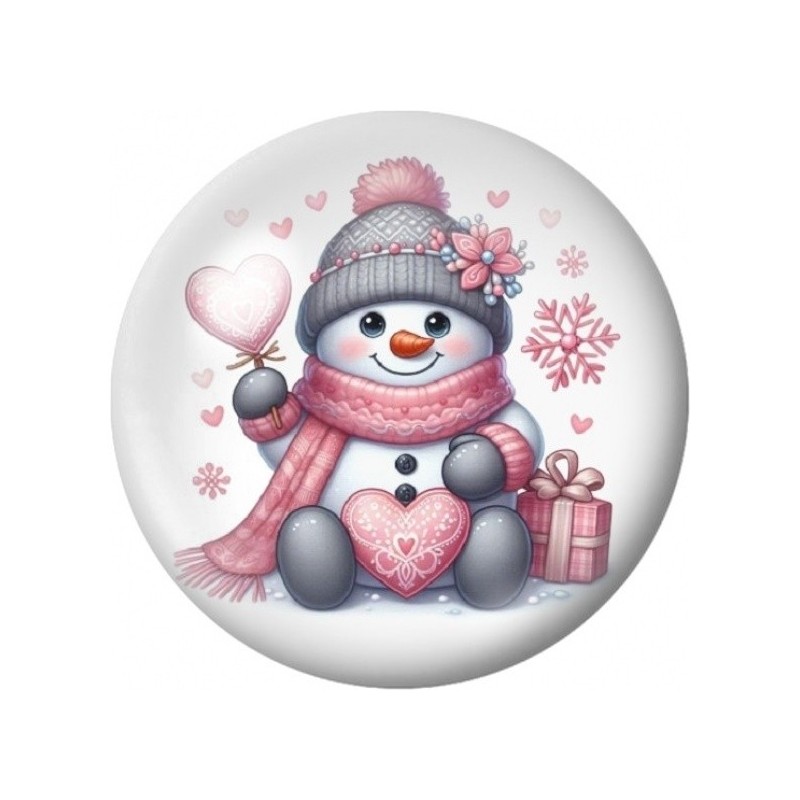 Cabochon en Verre Illustré Bonhomme de Neige au Cœur Rose 12 à 25mm