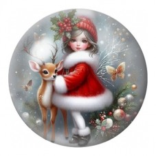 Cabochon en Verre Illustré Fillette de Noël avec un Faon 12 à 25mm pour la Création de Bijoux Fantaisie - DIY