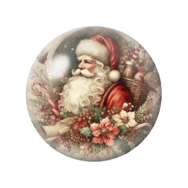 Cabochon en Verre Illustré Père Noël Vintage au Poinsettia 12 à 25mm