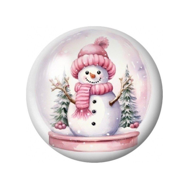 Cabochon en Verre Illustré Bonhomme de Neige sous Globe Rose 12 à 25mm