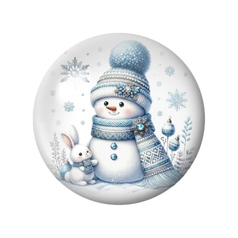 Cabochon en Verre Illustré Bonhomme de Neige Bleu et Lapin 12 à 25mm