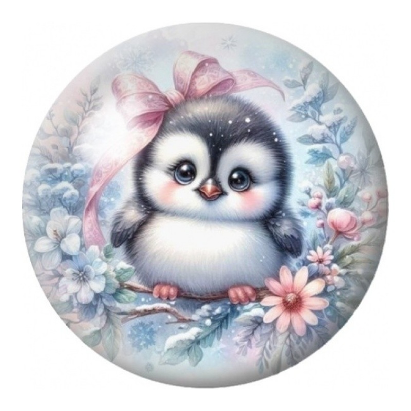 Cabochon en Verre Illustré Pingouin aux Fleurs Pastel 12 à 25mm