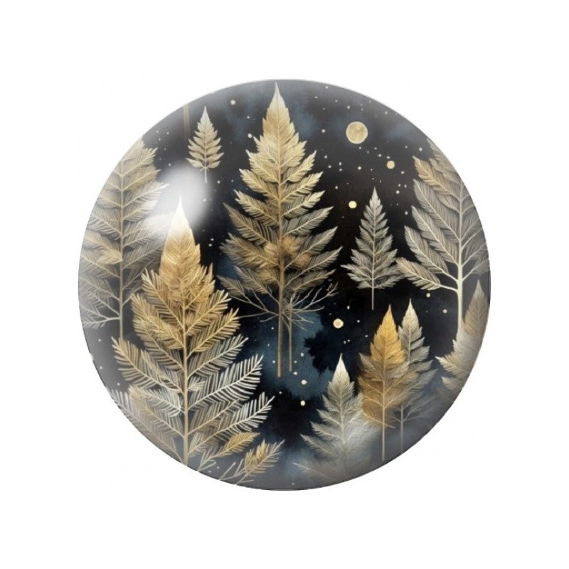 Cabochon en Verre Illustré Sapins Dorés dans la Nuit 12 à 25mm