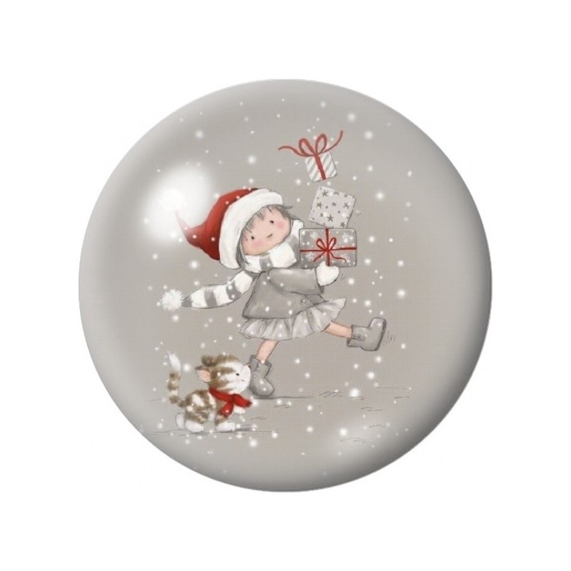Cabochon en Verre Illustré Fillette et Chat sous la Neige 12 à 25mm