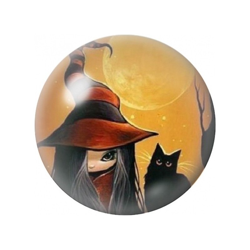 Cabochon en Verre Illustré Sorcière et Chat Noir 12 à 25mm