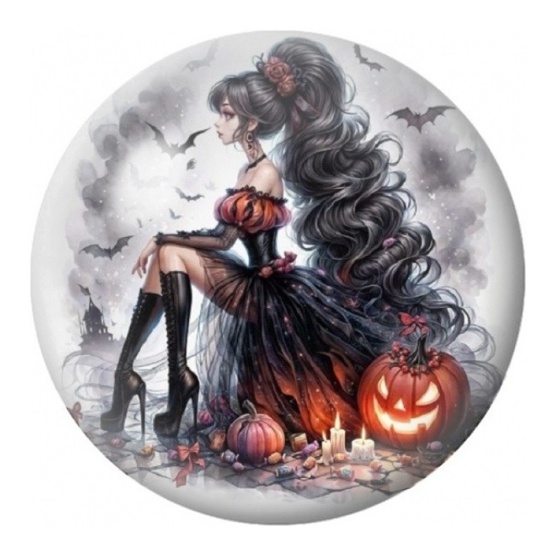 Cabochon en Verre Illustré Sorcière aux Citrouilles 12 à 25mm