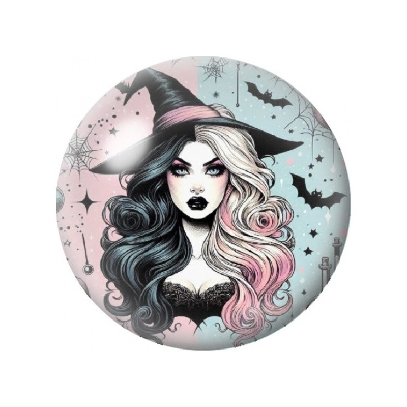 Cabochon en Verre Illustré Sorcière aux Cheveux Bicolores 12 à 25mm