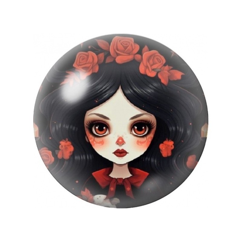 Cabochon en Verre Illustré Jeune Fille aux Roses Rouges 12 à 25mm