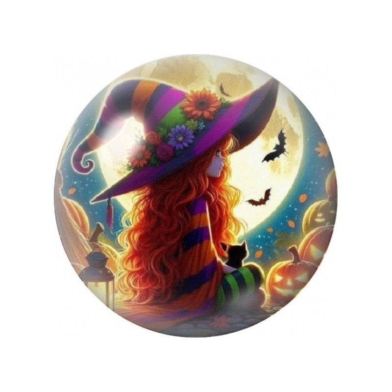 Cabochon en Verre Illustré Sorcière au Chapeau Fleuri 12 à 25mm