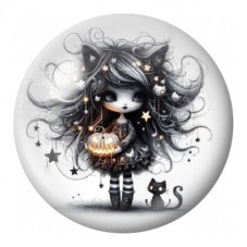 Cabochon en Verre Illustré Fillette Gothique et Chat Noir 12 à 25mm pour la Création de Bijoux Fantaisie - DIY