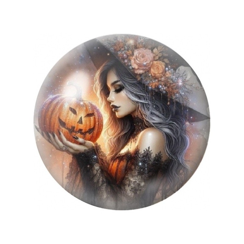 Cabochon en Verre Illustré Sorcière à la Citrouille Lumineuse 12 à 25mm