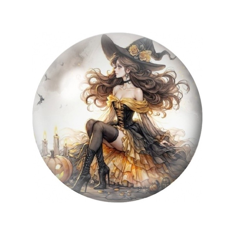 Cabochon en Verre Illustré Sorcière Assise aux Citrouilles 12 à 25mm