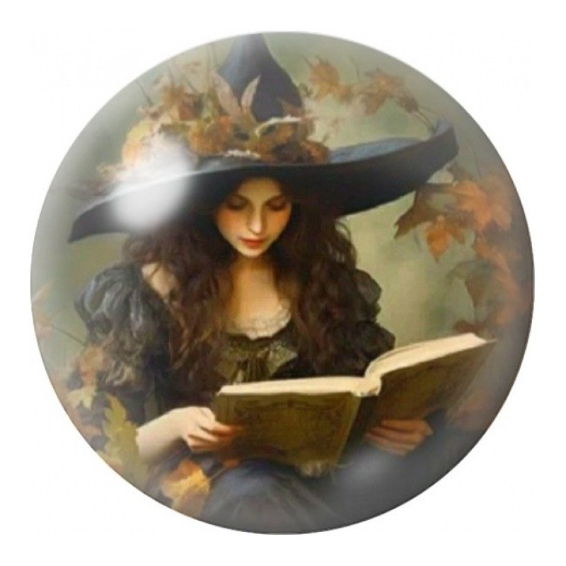 Cabochon en Verre Illustré Sorcière Lisant un Grimoire 12 à 25mm