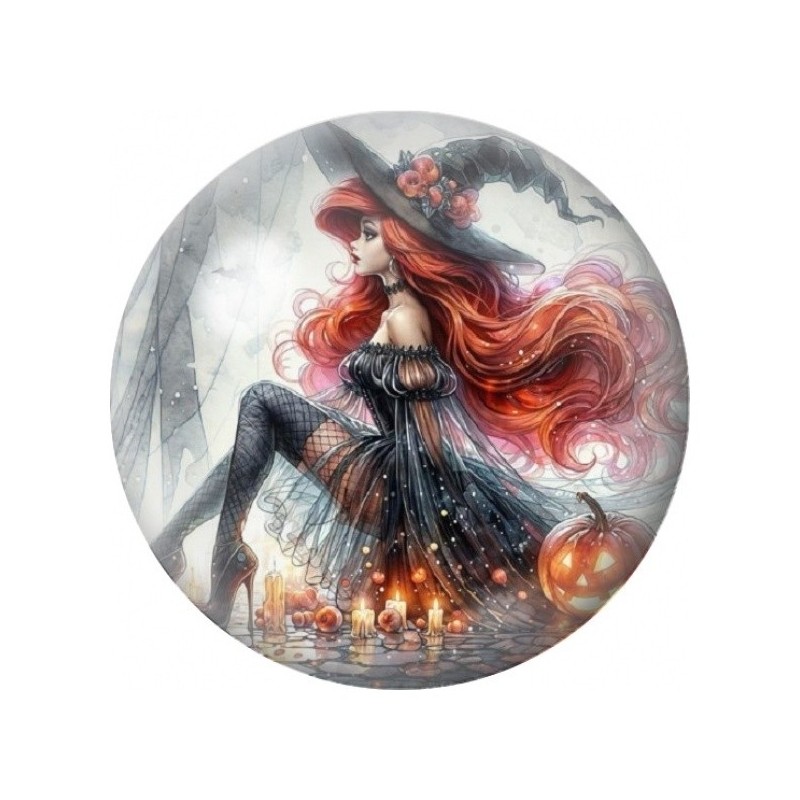 Cabochon en Verre Illustré Sorcière Rousse dans la Ville 12 à 25mm