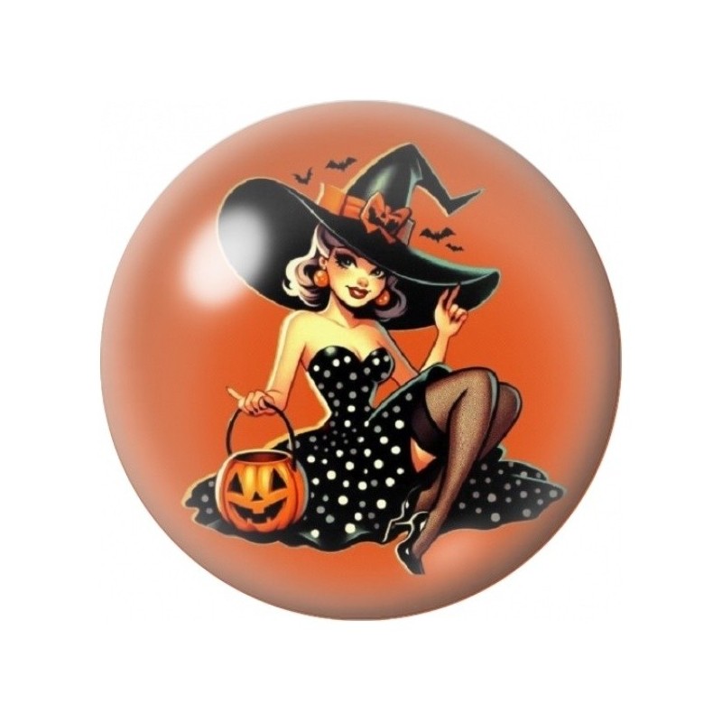 Cabochon en Verre Illustré Pin-Up Sorcière à la Citrouille 12 à 25mm