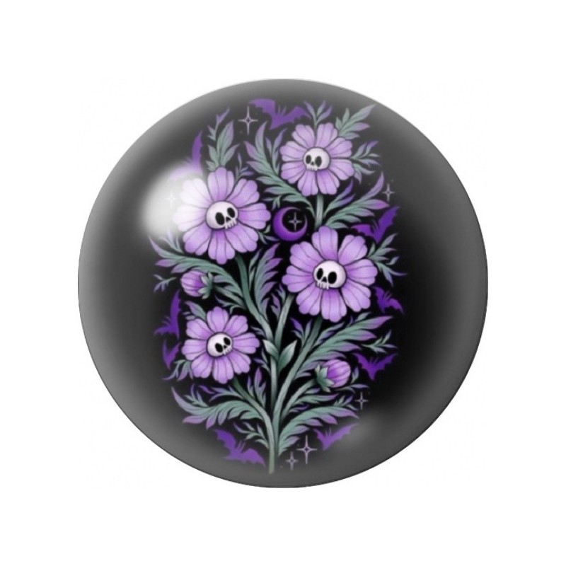 Cabochon en Verre Illustré Bouquet Violet aux Crânes 12 à 25mm