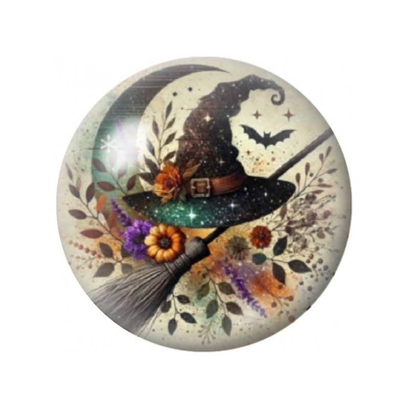 Cabochon en Verre Illustré Chapeau et Balai de Sorcière 12 à 25mm