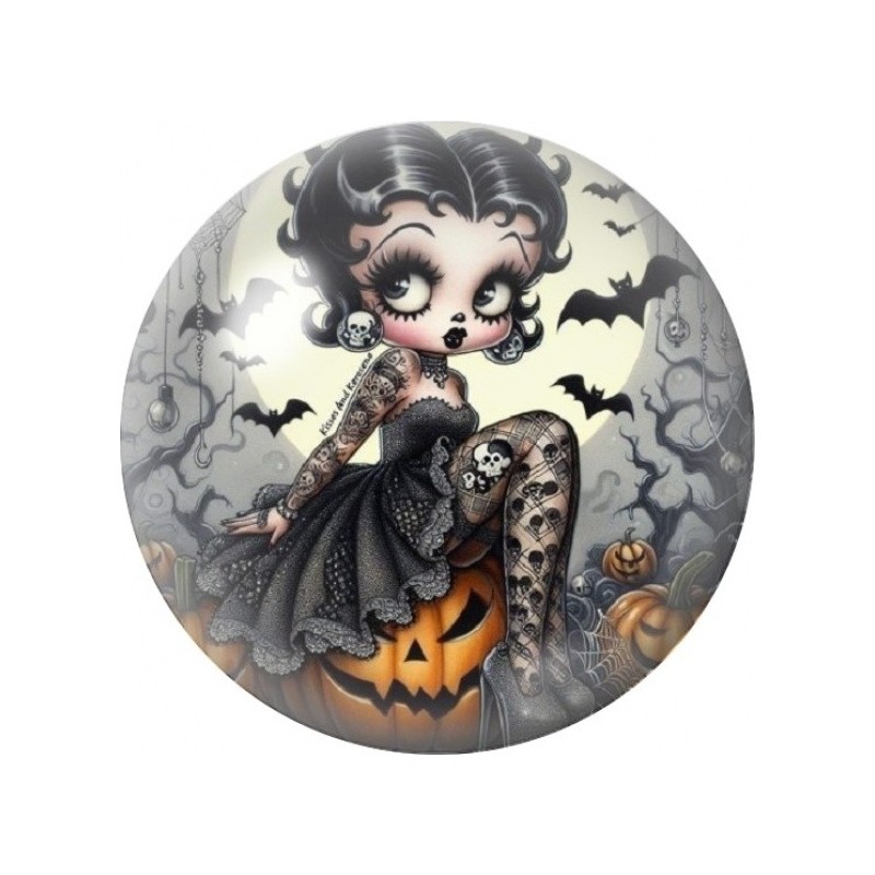 Cabochon en Verre Illustré Femme Gothique sur une Citrouille 12 à 25mm