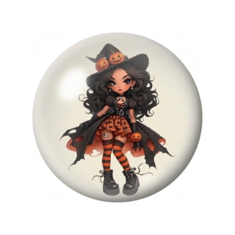 Cabochon en Verre Illustré Petite Sorcière Orange et Noire 12 à 25mm