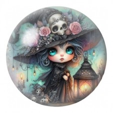 Cabochon en Verre Illustré Sorcière au Crâne et à la Lanterne 12 à 25mm pour la Création de Bijoux Fantaisie - DIY